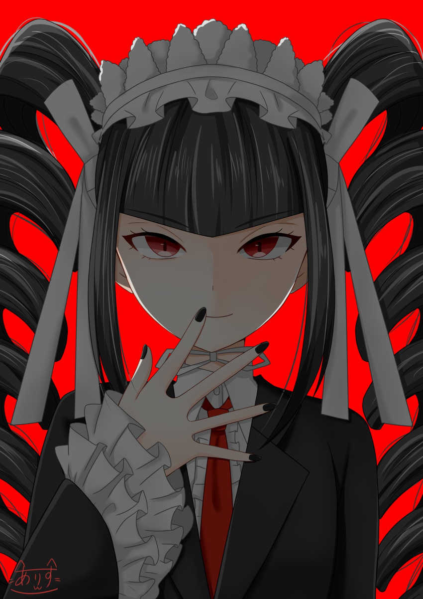 1girl black_hair black_jacket black_nails bow celestia_ludenberck commentary danganronpa danganronpa_1 drill_hair frilled_sleeves frills gothic_lolita hair_bow hand_to_own_mouth highres jacket lolita_fashion long_hair necktie outstretched_hand portrait red_background red_eyes signature simple_background smug solo sonodaarisu0731 very_long_hair