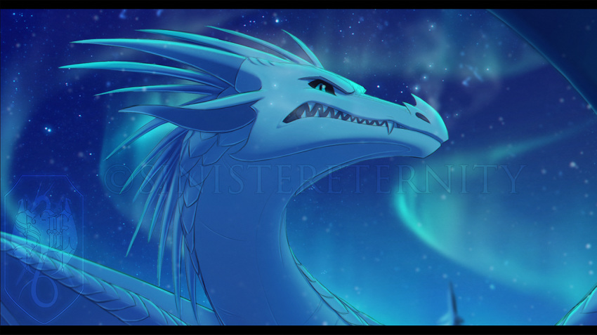 16:9 aurora_borealis black_sclera blue_theme detailed_background dragon headshot_portrait horn letterbox membrane_(anatomy) membranous_wings night outside portrait scales scalie sinistereternity sky spines star starry_sky watermark western_dragon white_body white_scales widescreen wings