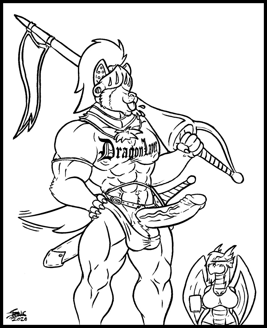 abs annoyed anthro armor ben_(skianous) big_breasts big_penis blowing_raspberries breasts bulge canid canine canis clothed clothing cup domestic_dog dragon duo edit erection fassalia_dracher female genitals headgear helmet herding_dog hi_res horn humor jousting_lance knight lay_the_dragon male male/female male_focus malinois_dog mammal melee_weapon monochrome muscular muscular_male pastoral_dog penis scalie sheepdog shirt skianous solo_focus sword tailwag tank_top topwear uncut warrior weapon western_dragon wings