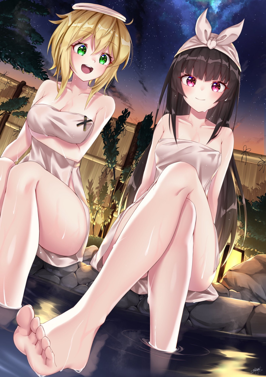 akatsuki_kirika breast_hold feet niyu_n_iyun onsen senki_zesshou_symphogear towel tsukuyomi_shirabe wet