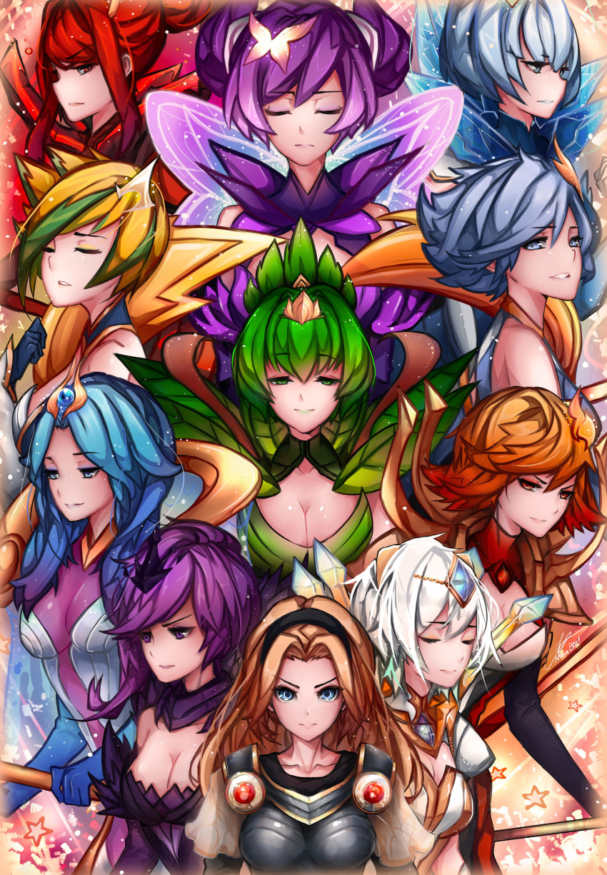 6+girls absurdres air_elementalist_lux alternate_costume alternate_hair_color annotated armor blonde_hair blue_eyes blue_hair boobplate breastplate breasts butterfly_hair_ornament cleavage closed_eyes dark_elementalist_lux elementalist_lux fire_elementalist_lux gloves green_eyes green_hair hair_ornament hairband highres ice_elementalist_lux large_breasts league_of_legends light_elementalist_lux long_hair luxanna_crownguard magma_elementalist_lux multicolored_hair multiple_girls multiple_persona mystic_elementalist_lux nature_elementalist_lux neonbeat purple_eyes purple_hair red_eyes red_hair short_hair silver_hair smile staff storm_elementalist_lux two-tone_hair water_elementalist_lux watermark