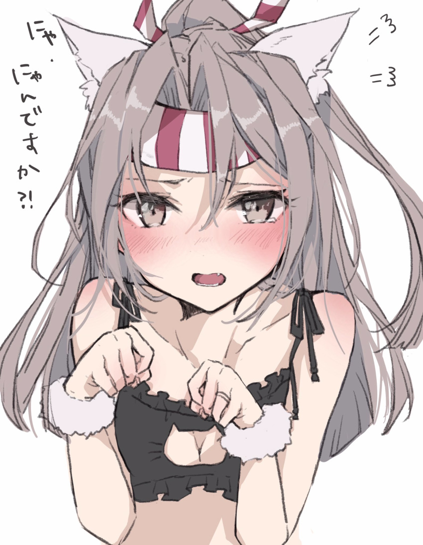 1girl alternate_costume animal_ears blush brown_eyes brown_hair cat_ears cat_lingerie chigasaki_y claw_pose embarrassed hachimaki headband high_ponytail highres kantai_collection long_hair meme_attire open_mouth simple_background solo underwear underwear_only upper_body white_background zuihou_(kantai_collection)