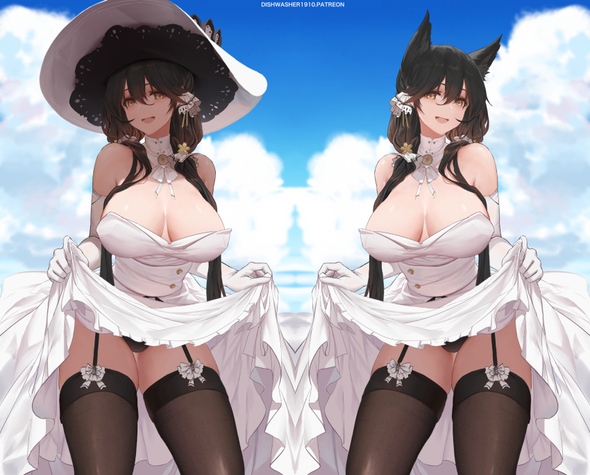 1girl :d animal_ears atago_(azur_lane) azur_lane black_legwear black_panties blue_sky breasts brown_eyes brown_hair cleavage contrapposto cosplay cowboy_shot detached_collar dishwasher1910 dress dress_lift elbow_gloves garter_straps gloves hair_ornament hair_over_shoulder hat highres illustrious_(azur_lane) illustrious_(azur_lane)_(cosplay) large_breasts lifted_by_self long_hair looking_at_viewer low_twintails multiple_views open_mouth outdoors panties skindentation sky smile strapless strapless_dress sun_hat thighhighs twintails underwear upskirt very_long_hair white_dress white_gloves white_headwear