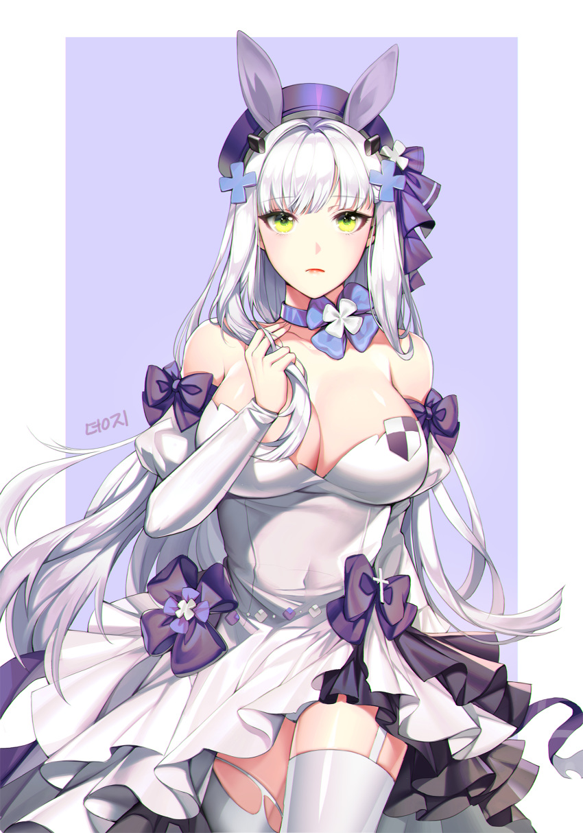 1girl absurdres bangs bare_shoulders beret blue_choker breasts choker cleavage closed_mouth covered_navel cowboy_shot cross detached_sleeves dress eyebrows_visible_through_hair frilled_dress frills garter_straps girls_frontline green_eyes hair_ornament hair_ribbon hand_in_hair hat highres hk416_(girls_frontline) jy_0305 large_breasts long_hair panties pantyshot puffy_sleeves purple_background purple_headwear purple_ribbon ribbon solo standing strapless strapless_dress torn_clothes torn_legwear underwear white_dress white_hair white_legwear white_panties white_sleeves