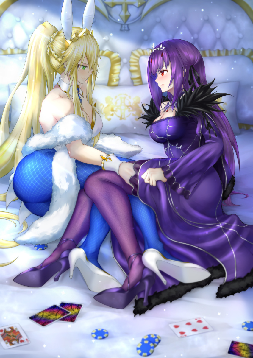 2girls absurdres ahoge animal_ears artist_request artoria_pendragon_(all) artoria_pendragon_(swimsuit_ruler)_(fate) ass bangs bare_shoulders black_ribbon blonde_hair blue_legwear blue_neckwear blush braid breasts bunny_ears bunnysuit card cleavage closed_mouth detached_collar dress fate/grand_order fate_(series) feather_boa feather_trim fishnet_legwear fishnets french_braid green_eyes hair_between_eyes hair_ribbon high_heels highleg highleg_leotard highres jewelry large_breasts legs leotard long_hair long_sleeves looking_at_another multiple_girls necklace necktie on_bed pantyhose pendant pillow playing_card poker_chip purple_dress purple_footwear purple_hair purple_legwear red_eyes ribbon scathach_(fate)_(all) scathach_skadi_(fate/grand_order) sidelocks smile tiara wavy_mouth white_footwear white_leotard wrist_cuffs
