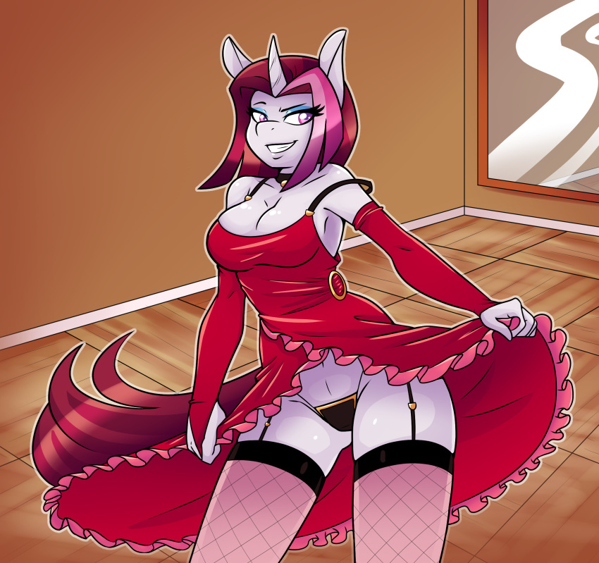 absurd_res ambris anthro anthrofied big_breasts breasts cayenne_(mlp) cleavage clothed clothing clothing_lift dress dress_lift equid female fishnet fishnet_legwear friendship_is_magic garter_straps hi_res horn legwear mammal my_little_pony panties solo underwear unicorn