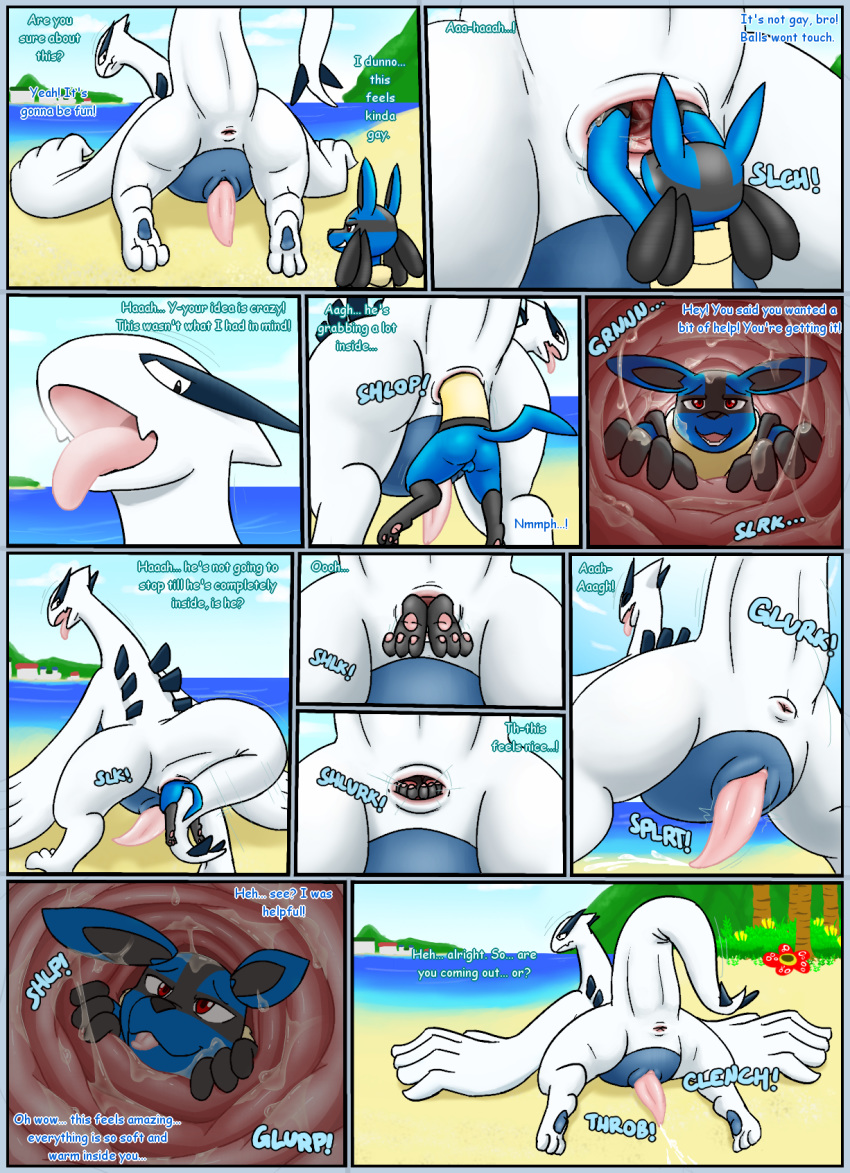 anal anal_orgasm anal_vore beach comic duo english_text feral hi_res larger_male larger_pred legendary_pok&eacute;mon livinlovindude lucario lugia_(species) male male/male male_pred male_prey nintendo outside pok&eacute;mon pok&eacute;mon_(species) seaside size_difference smaller_male smaller_prey story story_in_description text video_games vore