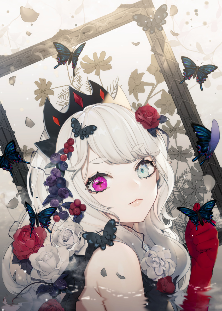 1girl absurdres bug butterfly flower frame gloves hair_flower hair_ornament highres insect long_hair looking_at_viewer original partially_submerged purple_eyes red_flower red_gloves red_rose rose silver_eyes silver_hair solo spinel_cranweiss spinel_cranweiss_(artist) symbol-shaped_pupils upper_body virtual_youtuber