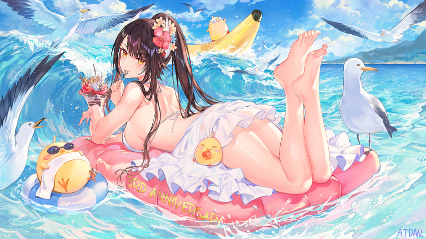 1girl animal anniversary atdan azur_lane back backless_dress backless_outfit banana_boat bare_shoulders barefoot bird breasts brown_hair chick cloud commentary day dress feet flower hair_flower hair_ornament halter_dress hiei_(azur_lane) hiei_(beauty_of_the_white_sands)_(azur_lane) holding inflatable_raft innertube large_breasts legs_up long_hair looking_at_viewer looking_back lying manjuu_(azur_lane) ocean on_stomach outdoors parfait ponytail seagull short_dress signature sky sleeveless sleeveless_dress solo spaghetti_strap sunglasses the_pose thighs towel water waves white_dress yellow_eyes