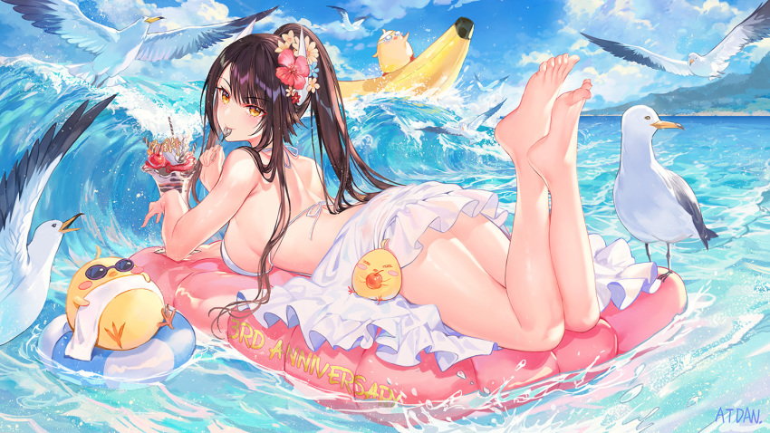 1girl animal anniversary atdan azur_lane back backless_dress backless_outfit banana_boat bare_shoulders barefoot bird breasts brown_hair chick cloud commentary day dress feet flower hair_flower hair_ornament halter_dress hiei_(azur_lane) hiei_(beauty_of_the_white_sands)_(azur_lane) holding inflatable_raft innertube large_breasts legs_up long_hair looking_at_viewer looking_back lying manjuu_(azur_lane) ocean on_stomach outdoors parfait ponytail revision seagull short_dress signature sky sleeveless sleeveless_dress solo spaghetti_strap sunglasses the_pose thighs towel water waves white_dress yellow_eyes