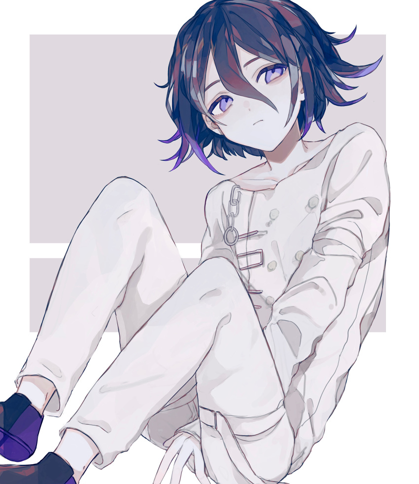 1boy absurdres aithia arm_between_legs black_hair closed_mouth collarbone danganronpa_(series) danganronpa_v3:_killing_harmony expressionless flipped_hair grey_background hair_between_eyes highres knees_up looking_at_viewer male_focus multicolored_hair oma_kokichi pale_skin purple_eyes purple_footwear purple_hair short_hair simple_background sitting solo straitjacket thigh_strap two-tone_background two-tone_hair white_background