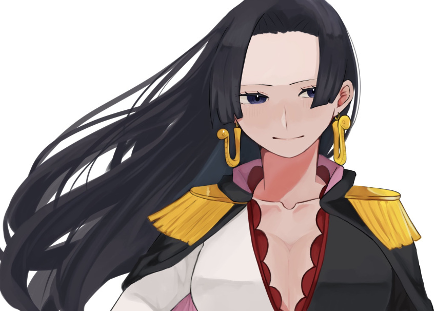 1girl black_cape black_dress black_hair blue_eyes blush boa_hancock cape close-up closed_mouth commentary_request dress earrings epaulettes floating_hair highres hime_cut jewelry long_hair looking_to_the_side one_piece one_piece:_stampede sa_wint simple_background snake_earrings solo two-tone_dress upper_body white_background white_dress