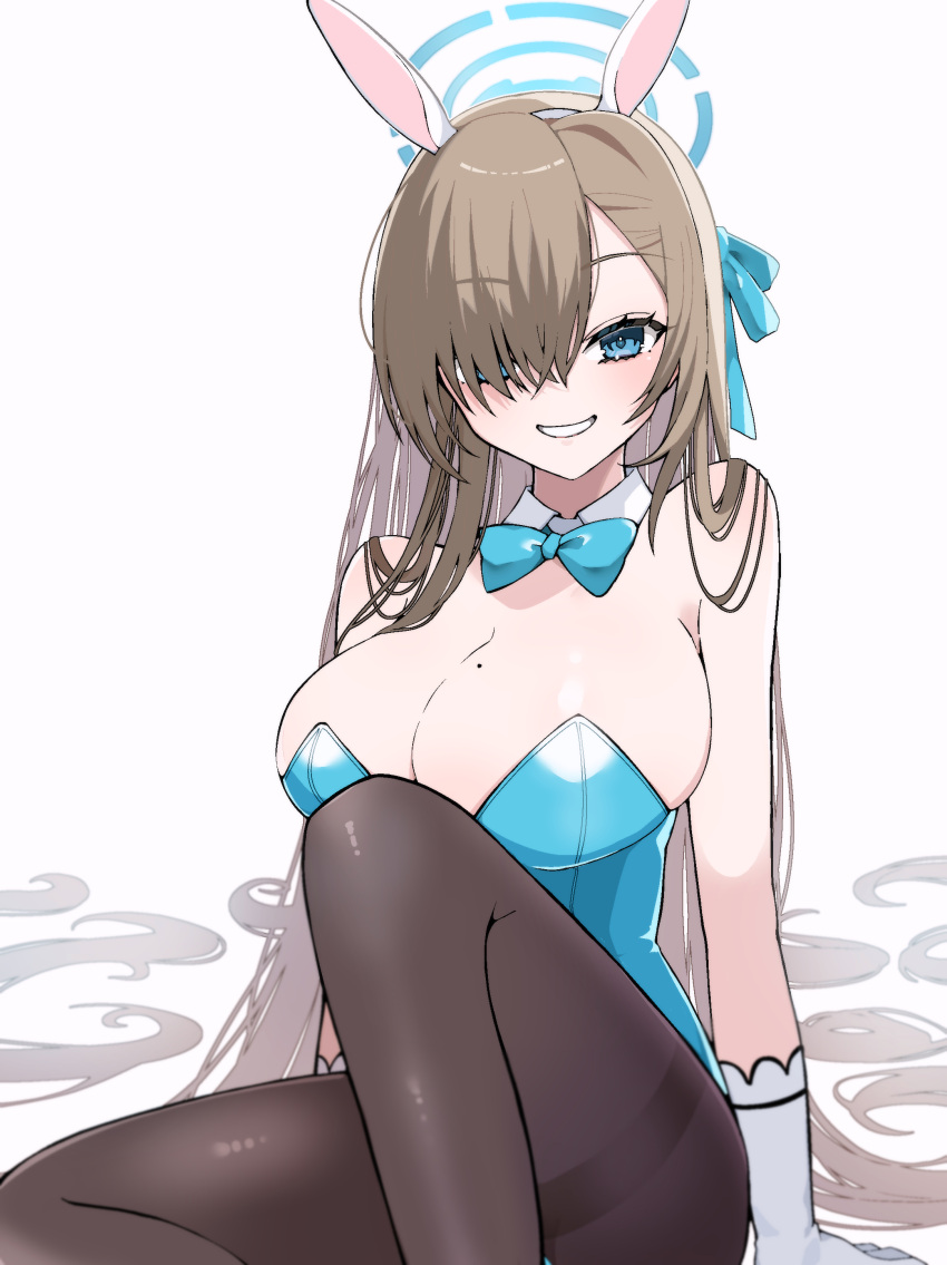 1girl absurdres animal_ears asuna_(blue_archive) blue_archive blue_bow blue_bowtie blue_eyes blue_ribbon bow bowtie breasts cleavage collar detached_collar fake_animal_ears gloves hair_over_shoulder hair_ribbon halo highres large_breasts leotard light_brown_hair long_hair mole mole_on_breast open_mouth pantyhose playboy_bunny rabbit_ears ribbon smile solo strapless strapless_leotard takae_(poupee_en_biscuit) thighband_pantyhose very_long_hair white_collar white_gloves