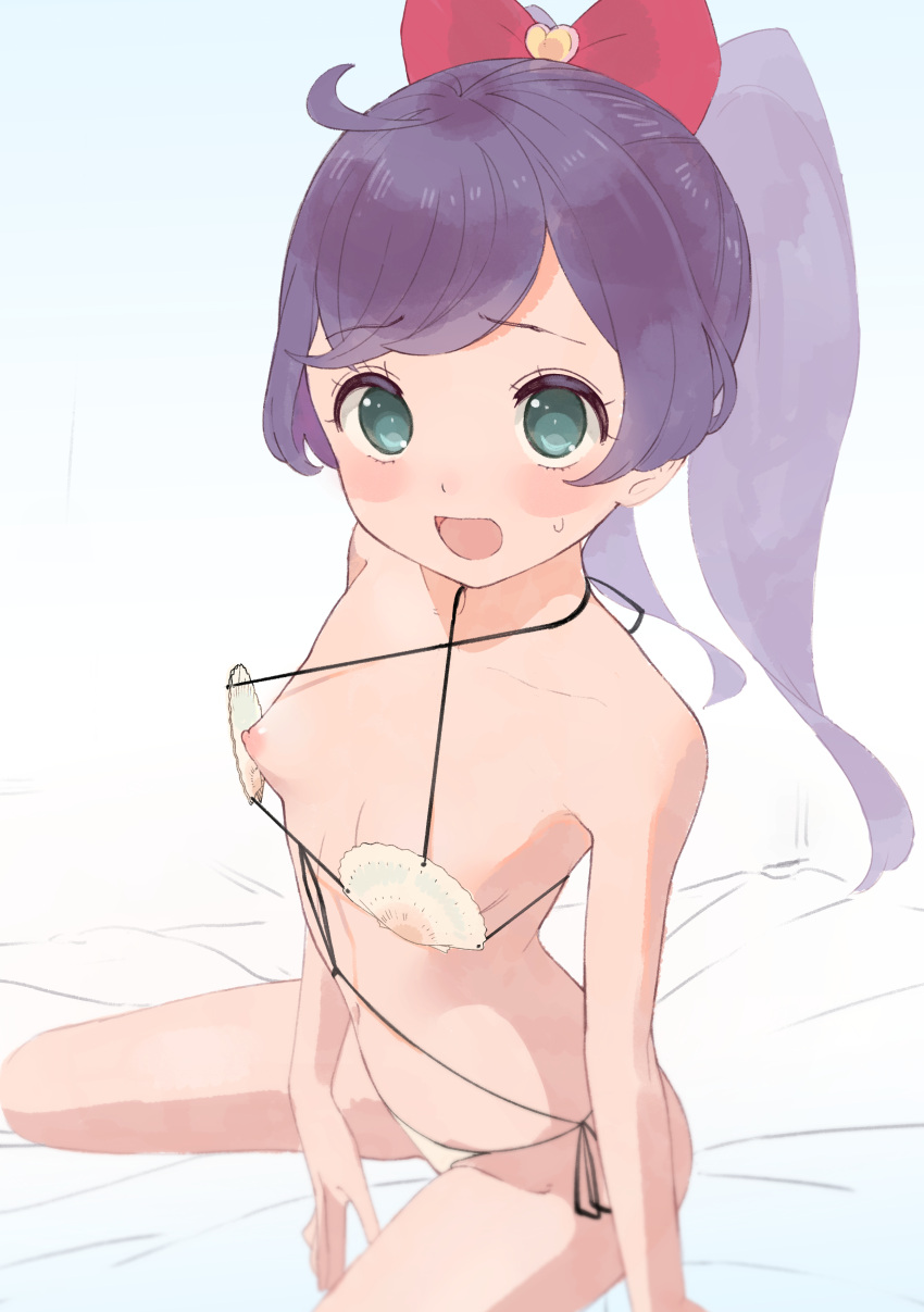 1girl absurdres aged_up ahoge bikini bow breasts commentary criss-cross_halter dot_nose from_side green_eyes hair_bow halterneck highres hyakumangoku_masurao long_hair looking_at_viewer manaka_laala micro_bikini nipples open_mouth pretty_series pripara purple_hair red_bow simple_background sitting small_breasts solo sweatdrop swimsuit twintails wariza