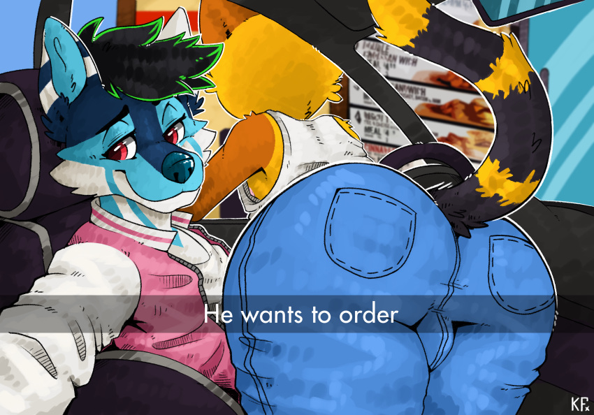 absurd_res anthro asking_for_food blue_body blue_fur boyfriends butt canid canine canis car car_interior car_window clothed clothing domestic_cat duo english_text felid feline felis fur he_wants_to_order hi_res inside katxfish katxlogan looking_at_viewer male male/male mammal meme nipples orange_body orange_fur peeking_nipple public restaurant selfie smile smiling_at_viewer tail_stripes text vehicle wolf