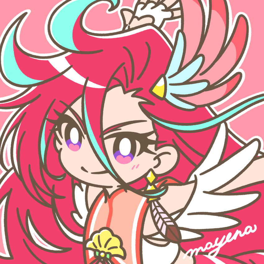 1girl aqua_hair bright_pupils clothing_cutout cure_flamingo earrings feather_earrings feathers fingerless_gloves gloves heart_cutout highres jewelry long_hair looking_at_viewer mayena multicolored_eyes multicolored_hair outline pink_eyes precure purple_eyes red_background red_hair single_earring sleeveless smile solo takizawa_asuka tropical-rouge!_precure upper_body very_long_hair white_gloves white_outline white_pupils