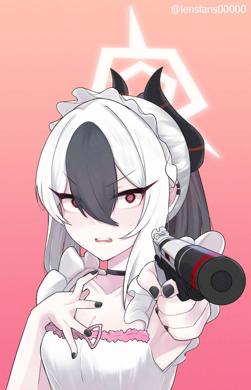 1girl @_@ absurdres aiming aiming_at_viewer armpits black_choker black_eyeliner black_hair black_horns black_nails blue_archive blush breasts choker cleavage demon_horns dress ear_piercing earclip eyelashes eyeliner frilled_headwear grey_hair gun h&amp;k_p30 hair_between_eyes halo hand_on_own_chest handgun highres holding holding_gun holding_weapon horns kayoko_(blue_archive) lenslans long_hair looking_at_viewer maid_headdress makeup md5_mismatch mole mole_on_collarbone mole_on_neck multicolored_hair nail_polish piercing ponytail red_background red_eyes resolution_mismatch simple_background solo source_smaller suppressor sweatdrop two-tone_hair weapon white_dress white_hair