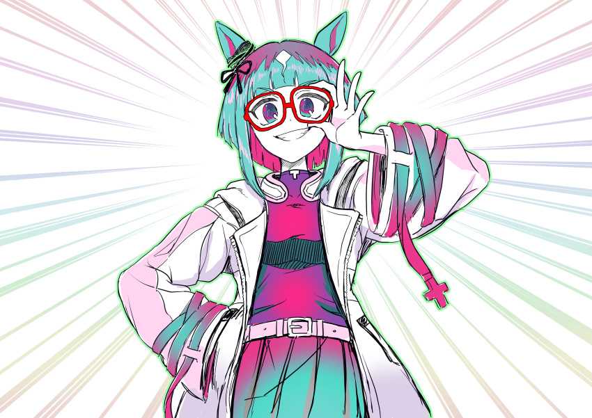 1girl absurdres adjusting_eyewear animal_ears aqua_hair belt breasts coat ear_ornament emphasis_lines enomori_neko glasses grin hand_in_pocket hand_up highres horse_ears horse_girl impossible_clothes limited_palette long_sleeves looking_at_viewer medium_breasts open_clothes open_coat pink_shirt shirt short_hair skirt smile solo transcend_(umamusume) umamusume upper_body