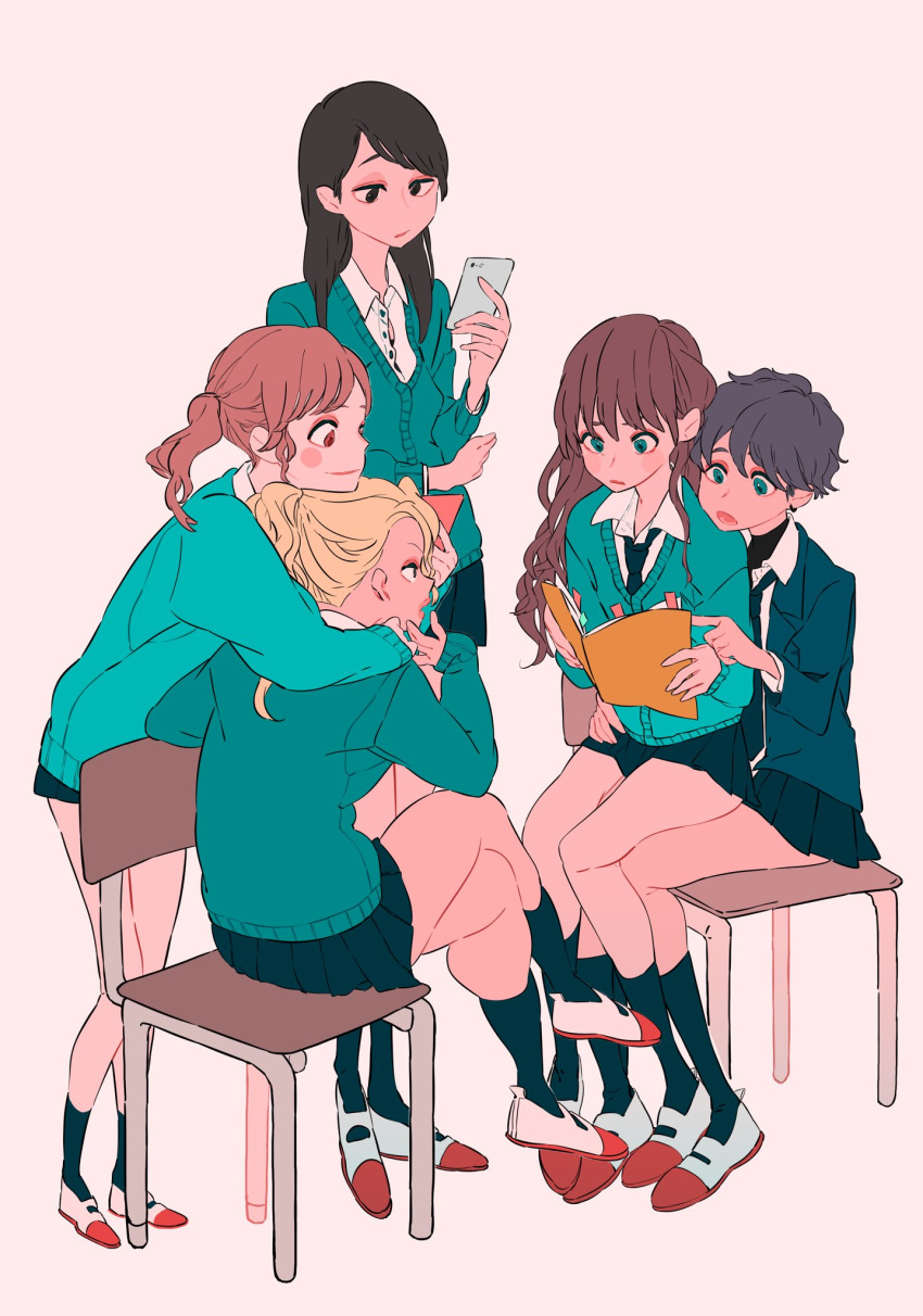 5girls aqua_cardigan bare_legs black_eyes black_hair black_jacket black_necktie black_skirt blazer blonde_hair blush_stickers book brown_hair cardigan chair closed_mouth collared_shirt crossed_legs full_body green_cardigan green_eyes highres holding holding_book holding_phone hug hug_from_behind jacket long_hair matumot multiple_girls necktie open_mouth original phone pleated_skirt ponytail profile reading red_eyes school_chair school_uniform shirt shoes side_ponytail sitting sitting_on_lap sitting_on_person skirt uwabaki white_shirt