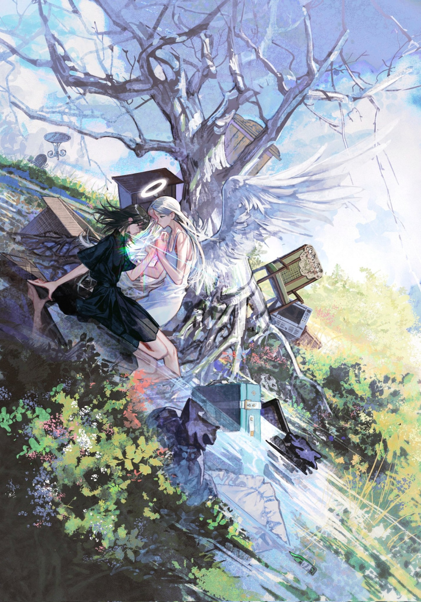 2girls acyantree angel angel_wings bare_tree barefoot black_dress black_hair black_shirt building bush chair cloud day dress feathered_wings halo highres holding_hands long_hair looking_at_another multiple_girls original outdoors scenery shirt short_sleeves sitting sky sleeveless sleeveless_dress suitcase tree water white_dress white_hair white_wings wings
