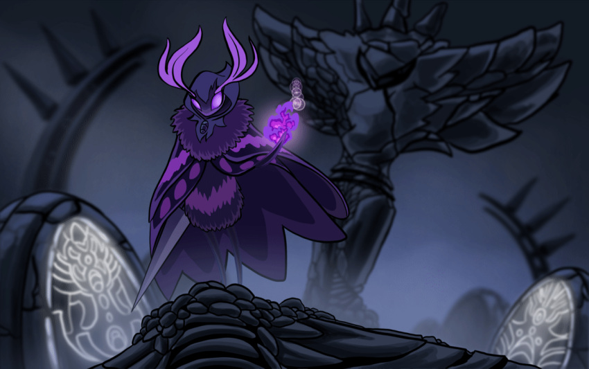 2023 ambiguous_gender animated antennae_(anatomy) anthro arthropod clothing colored elemental_manipulation eyelashes fan_character featureless_feet featureless_hands feet fire fire_manipulation fluffy fog foggy_background hollow_knight hood insect lepidopteran loop magic magic_user mebi melee_weapon moth neck_tuft purple_body purple_eyes purple_tuft robe rubble runes sculpture short_playtime solo standing statue striped_body stripes sword sword_on_back team_cherry tuft weapon wind