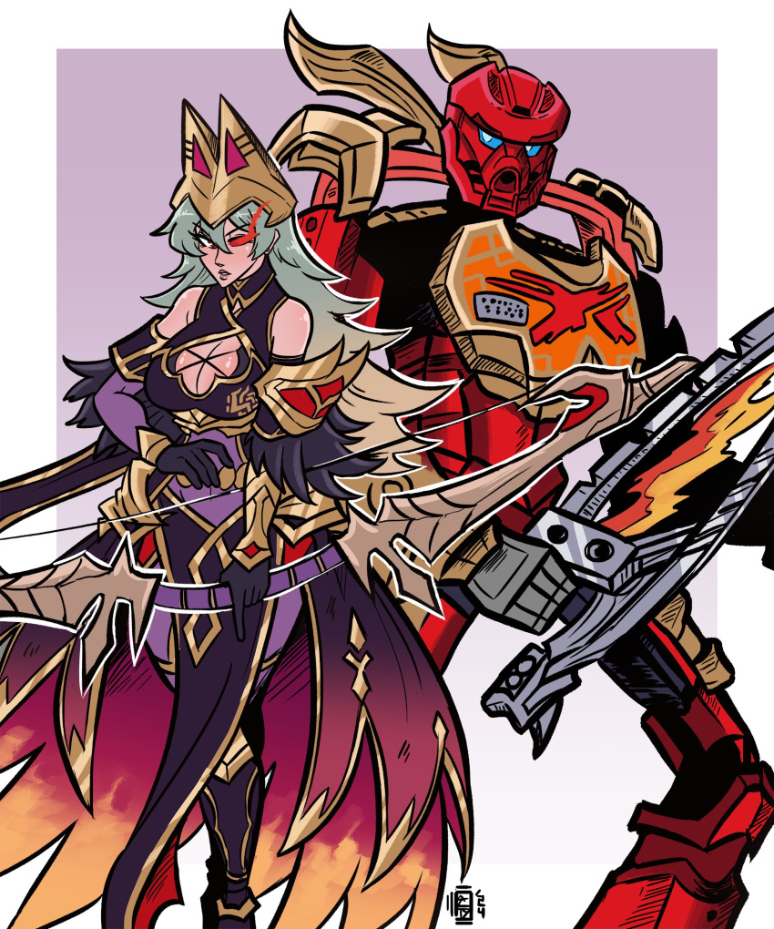 1boy 1girl absurdres bionicle black_dress black_gloves bodystocking bow_(weapon) breasts brown_hair cleavage cleavage_cutout clothing_cutout commission crossover dress english_commentary eye_trail fire_emblem fire_emblem_heroes gloves gradient_hair grey_hair helmet highres holding holding_bow_(weapon) holding_sword holding_weapon kanohi_(bionicle) laegjarn_(fire_emblem) laegjarn_(flame_ascendant)_(fire_emblem) large_breasts light_trail long_hair looking_to_the_side mask multicolored_hair pointing scruffyturtles sword tahu_(bionicle) the_lego_group very_long_hair weapon