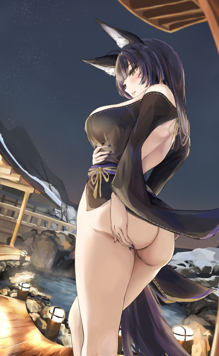 1girl animal_ear_fluff animal_ears ass ass_support azur_lane bare_shoulders black_hair breasts cleavage facial_mark fox_ears fox_girl highres japanese_clothes kimono large_breasts long_hair musashi_(azur_lane) onsen sherlock_hime solo thighs very_long_hair yellow_eyes