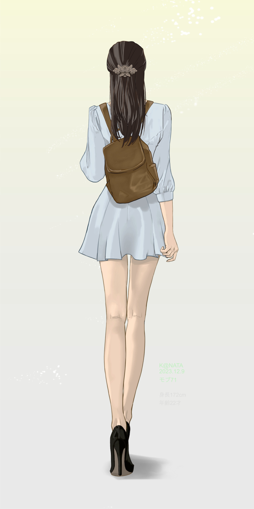 1girl absurdres backpack bag brown_bag brown_hair dress faceless from_behind full_body hair_ornament hair_pulled_back hairclip hairpin high_heels highres light_blue_dress original procreate_(medium) puffy_sleeves thighs walking y.kami_nao/take