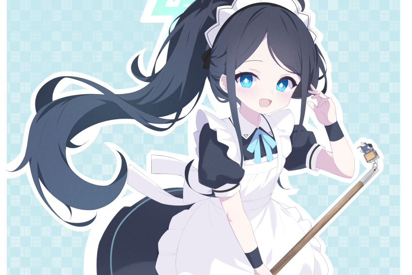 &lt;key&gt;_(robot)_(blue_archive) 1girl absurdly_long_hair apron aris_(blue_archive) aris_(maid)_(blue_archive) black_dress black_hair blue_archive blue_eyes blush bright_pupils commentary dress frilled_apron frills green_halo halo highres long_hair looking_at_viewer maid maid_apron maid_headdress official_alternate_costume open_mouth ponytail puffy_short_sleeves puffy_sleeves rokukarashi short_sleeves smile solo very_long_hair white_apron white_pupils