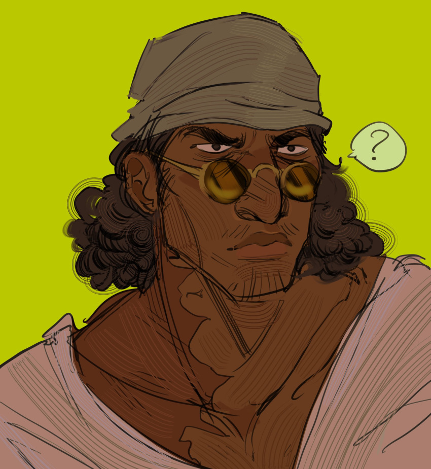 1boy bara beanie big_nose brown_glasses chin_stubble curly_hair dentdechieng facial_hair facing_to_the_side fluffy_hair green_background hat highres kuzan_(aokiji) male_focus mustache_stubble one_piece open_clothes open_shirt scar_on_shoulder shirt stubble thick_eyebrows white_shirt