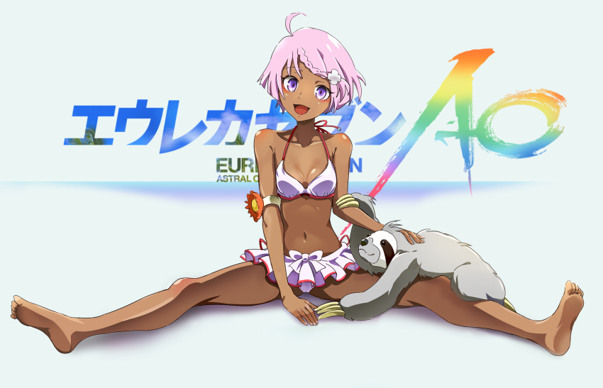 1girl ahoge barefoot braid breasts dark-skinned_female dark_skin elena_peoples eureka_seven_(series) eureka_seven_ao full_body hair_ornament hairclip highres looking_at_viewer navel okken open_mouth pink_hair purple_eyes short_hair smile soles swimsuit