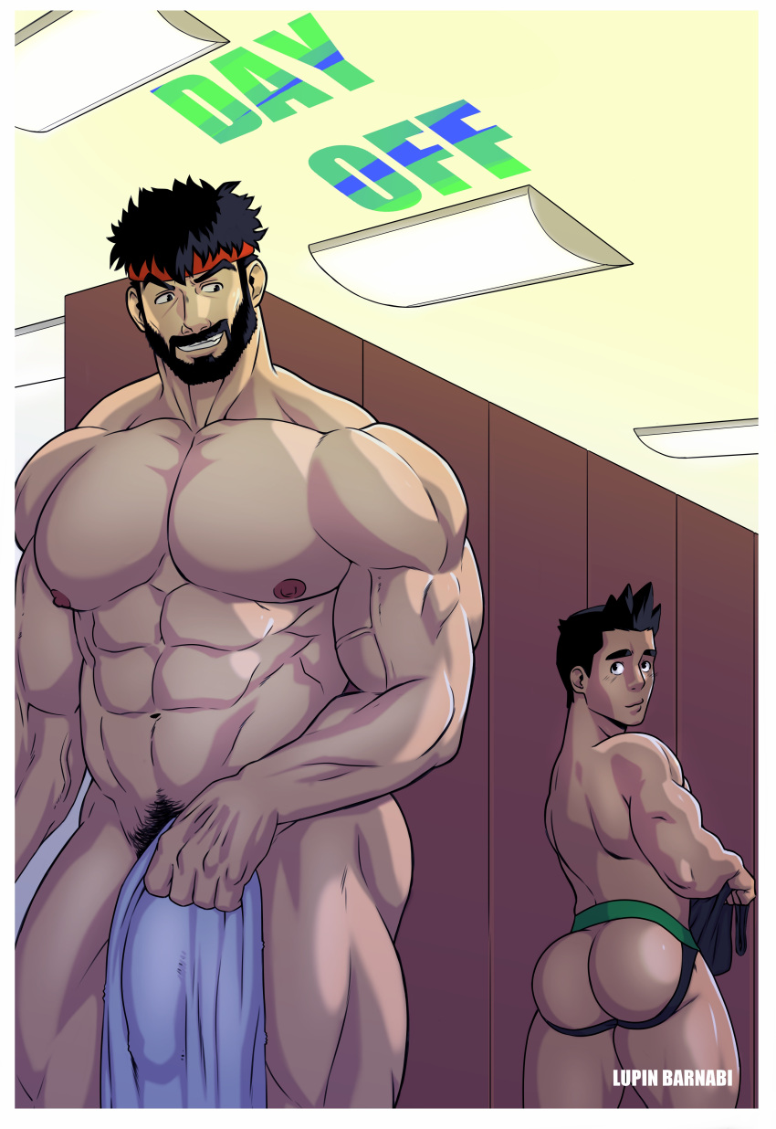 2boys abs absurdres ass bara beard covered_penis covering_privates crossover facial_hair feet_out_of_frame full_beard headband highres jockstrap large_pectorals little_mac locker locker_room looking_at_another looking_back lupin_barnabi male_focus male_pubic_hair male_underwear mature_male multiple_boys muscular muscular_male navel nipples nude_cover paid_reward_available pectorals pubic_hair punch-out!! ryu_(street_fighter) short_hair smirk standing stomach street_fighter strongman_waist thick_beard thick_eyebrows thick_thighs thighs underwear yaoi