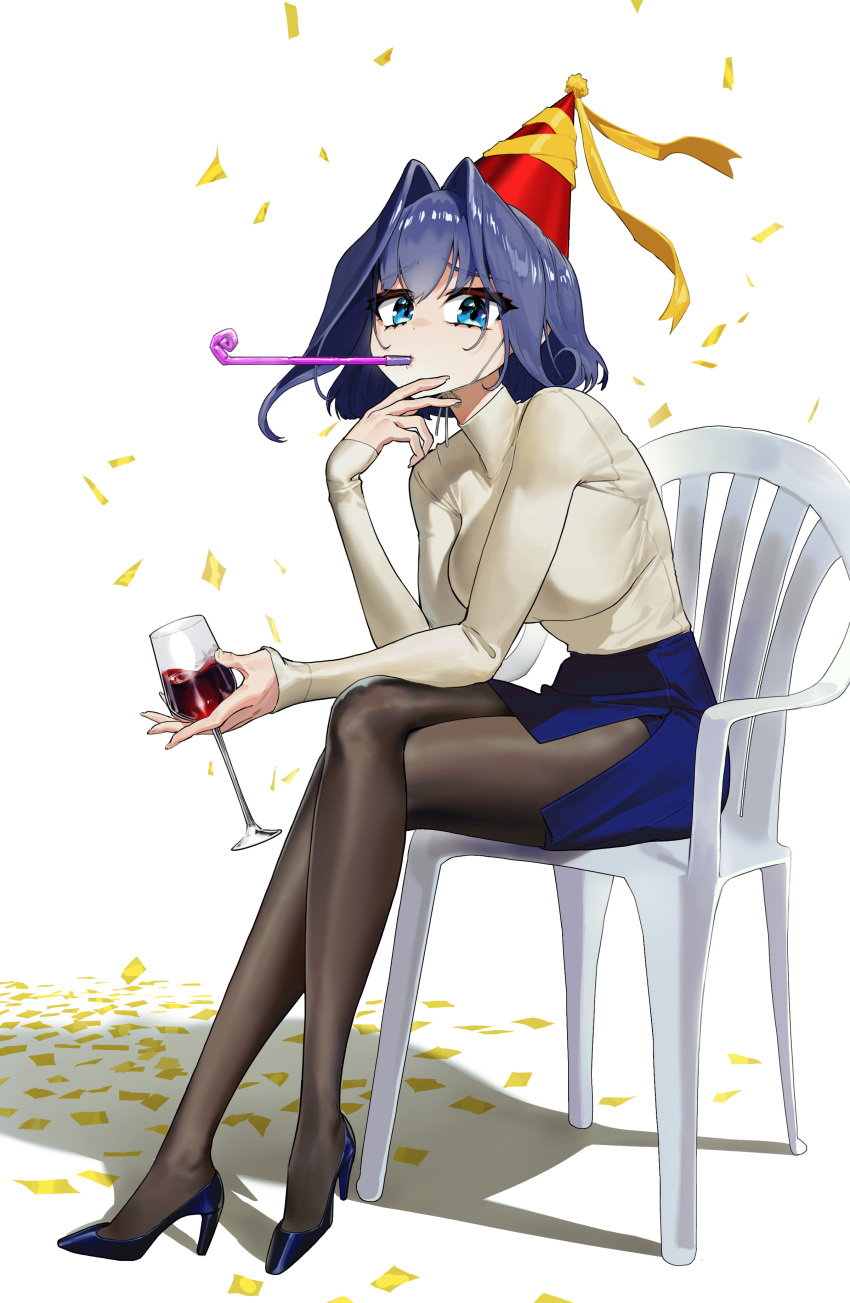 absurdres alcohol black_pantyhose blue_eyes blue_footwear blue_hair blue_skirt breasts chair confetti crossed_legs cup drink drinking_glass ghdwid hair_intakes hand_on_own_chin hat high_heels highres holding holding_cup hololive hololive_english large_breasts lips long_sleeves looking_at_viewer miniskirt monobloc_(chair) ouro_kronii pantyhose party_hat party_horn shirt short_hair sitting skirt sleeves_past_wrists taut_clothes taut_skirt turtleneck virtual_youtuber white_shirt wine wine_glass