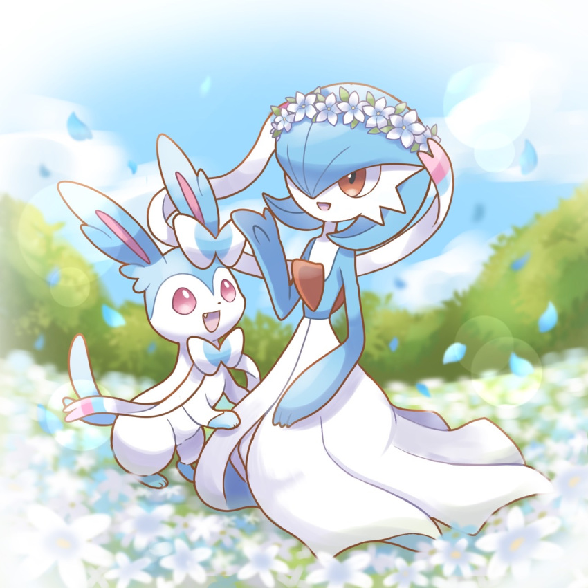 alternate_color blue_hair blue_sky bow bowtie colored_skin dress falling_petals fang field flower flower_field flower_wreath gardevoir h_k225 hair_over_one_eye highres multicolored_fur multicolored_skin open_mouth orange_eyes petals pink_eyes pokemon pokemon_(creature) shiny_pokemon sky smile sylveon two-tone_skin white_dress white_skin