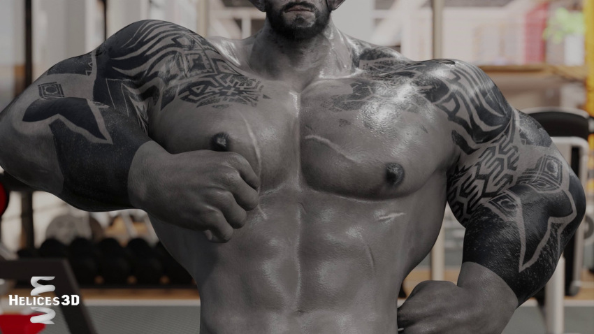 abs arm_tattoo dragon_age helices3d hi_res humanoid iron_bull male muscular muscular_humanoid muscular_male nipples pecs qunari solo tattoo