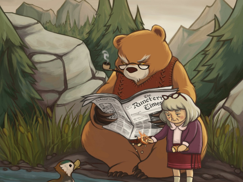 1girl annie_hastur bear bespectacled bird blush_stickers bread cardigan duck eyewear_on_head fire food forest glasses grey_hair league_of_legends moomyell nature newspaper old_woman older outdoors reading red_skirt skirt sweater_vest tibbers