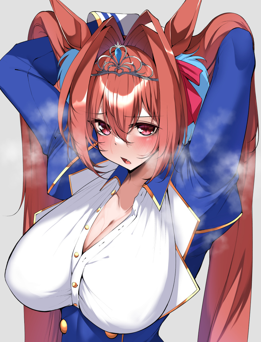 1girl absurdres animal_ears arms_behind_head blush breasts cleavage commentary_request commission daiwa_scarlet_(umamusume) fang hair_intakes highres horse_ears horse_girl kshimu large_breasts long_hair looking_at_viewer partially_unbuttoned red_eyes red_hair simple_background skeb_commission solo tiara twintails umamusume upper_body very_long_hair visible_air