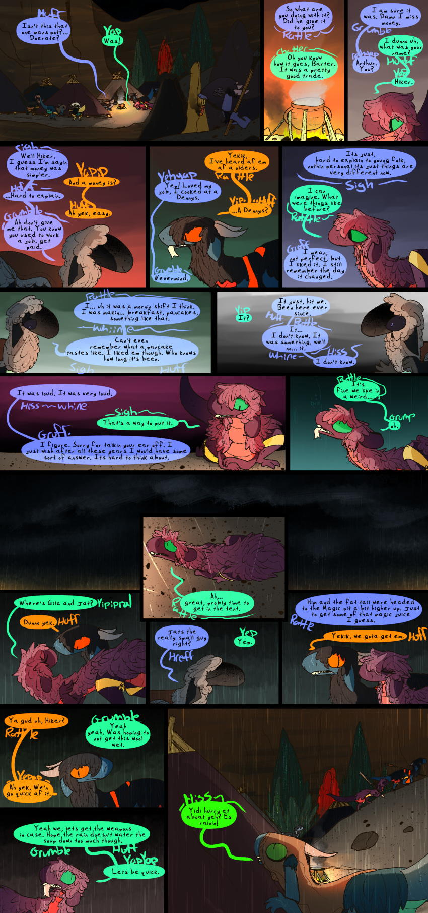 absurd_res ambiguous_gender campfire comic dialogue dinosaur dragon dragonscape drekir dromaeosaurid fantasy female feral food forl_(thepatchedragon) group hi_res hiker_(thepatchedragon) male melee_weapon mythological_creature mythological_scalie mythology polearm post-apocalyptic raining reptile scalie smoking soup spear staff text thepatchedragon theropod weapon