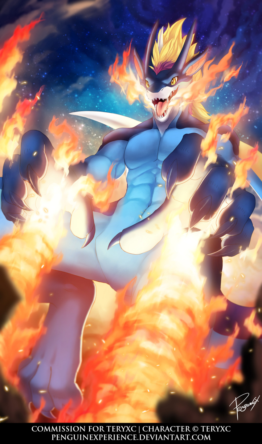 anthro blonde_mane blue_body blue_fur blue_horn blue_tail breath_powers cheek_tuft elemental_manipulation facial_tuft fangs featureless_crotch fire fire_breathing fire_manipulation front_view fur glistening glistening_eyes hi_res horn male mane nude open_mouth penguinexperience pink_tongue pupils purple_mane signature slit_pupils solo tail teeth teryx_commodore tongue tuft yellow_eyes