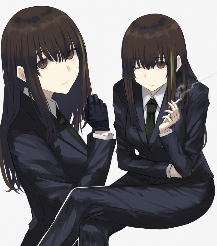 1girl asakiri_koko black_gloves black_hair black_jacket black_pants brown_eyes brown_hair business_suit cigarette crossed_legs girls'_frontline gloves green_hair hair_between_eyes highres holding holding_cigarette jacket long_hair long_sleeves looking_at_viewer m4a1_(girls'_frontline) multicolored_hair one_eye_closed pants shirt simple_background smoke smoking solo streaked_hair suit white_background white_shirt