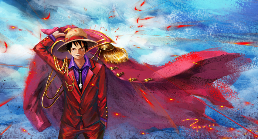 1boy absurdres black_eyes black_hair chinese_commentary closed_mouth coat commentary_request dated epaulettes hand_in_pocket hat highres holding holding_clothes holding_coat ljjshmhday male_focus monkey_d._luffy one_piece scar scar_on_cheek scar_on_face short_hair smile solo straw_hat