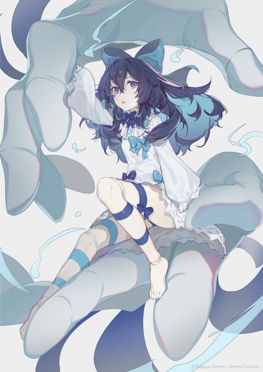 1girl artist_request barefoot black_hair blue_eyes bow doll_joints dress feet hair_bow highres joints leg_ribbon legs little_witch_nobeta long_hair official_art ribbon sitting sleeves_past_wrists tania_(little_witch_nobeta) thigh_ribbon thighs toes white_dress