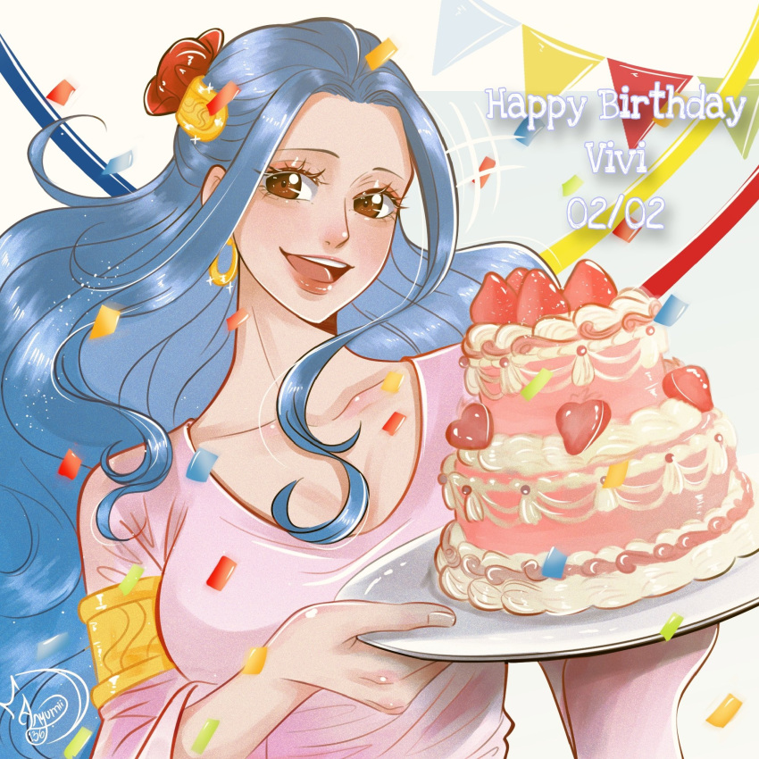 +++ 1girl anyumii136 armlet blue_hair brown_hair cake character_name confetti dated dress earrings english_commentary eyelashes food half_updo happy_birthday highres holding holding_plate jewelry light_blue_hair long_hair long_sleeves nefertari_vivi one_piece open_mouth pink_dress plate sidelocks signature simple_background smile solo strawberry_shortcake upper_body white_background