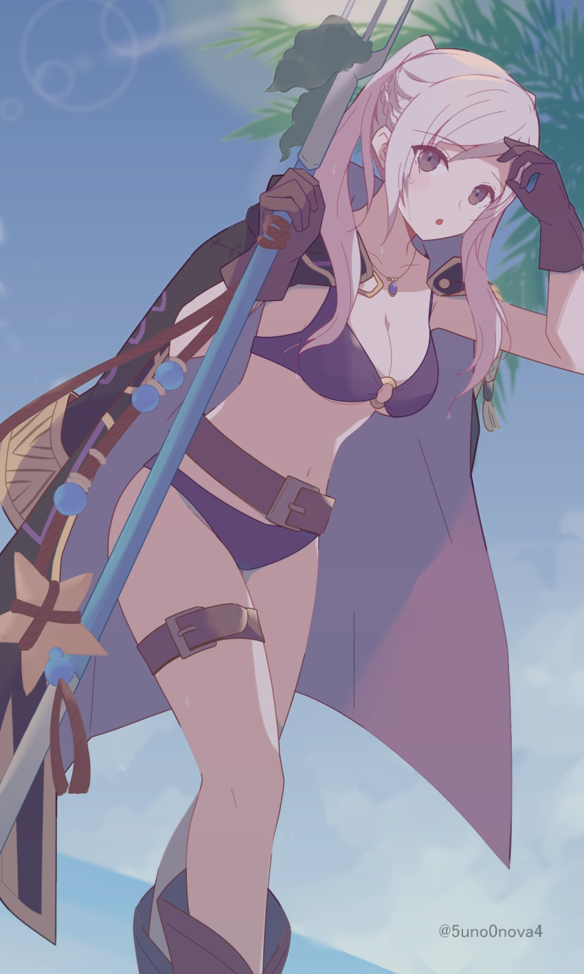 1girl 343rone :o absurdres belt bikini breasts brown_belt brown_gloves cleavage fire_emblem fire_emblem_awakening fire_emblem_heroes gloves highres holding holding_polearm holding_weapon jacket jacket_on_shoulders long_hair looking_at_viewer navel official_alternate_costume open_mouth polearm purple_bikini robin_(female)_(fire_emblem) robin_(female)_(summer)_(fire_emblem) robin_(fire_emblem) solo swimsuit thigh_strap twintails twitter_username weapon white_hair