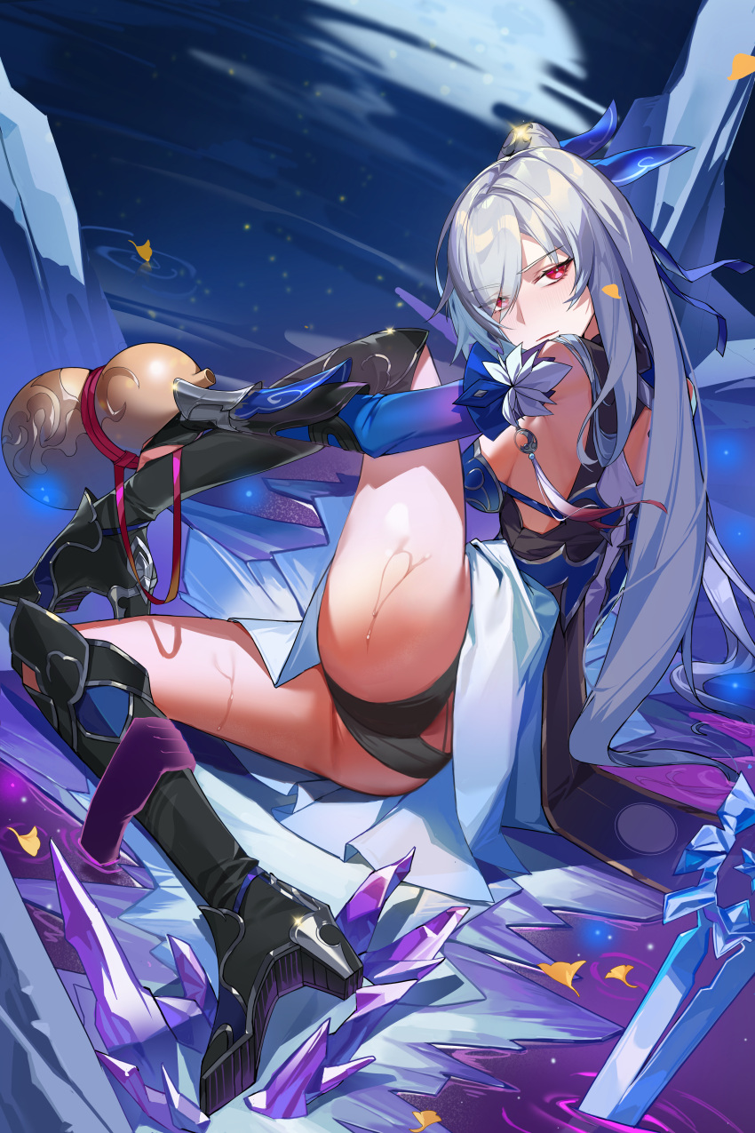 1girl absurdres black_footwear blue_hair boots detached_sleeves gourd high_heel_boots high_heels highres honkai:_star_rail honkai_(series) jingliu_(honkai:_star_rail) libero_art long_hair looking_at_viewer red_eyes solo thighs very_long_hair