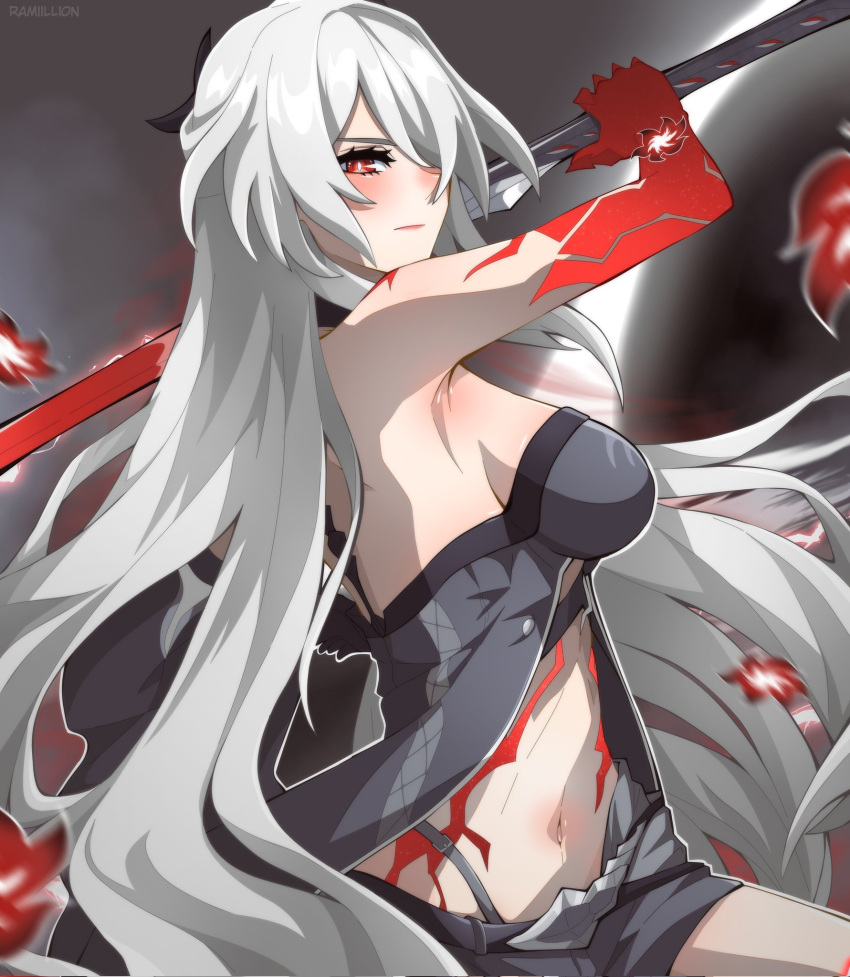 1girl acheron_(honkai:_star_rail) bare_shoulders black_choker body_markings breasts choker cleavage closed_mouth colored_extremities colored_skin hair_over_one_eye highres honkai:_star_rail honkai_(series) large_breasts long_hair looking_at_viewer midriff navel official_alternate_hair_color official_alternate_hair_length official_alternate_hairstyle red_eyes red_skin remi_(ramiillion) solo stomach very_long_hair white_hair