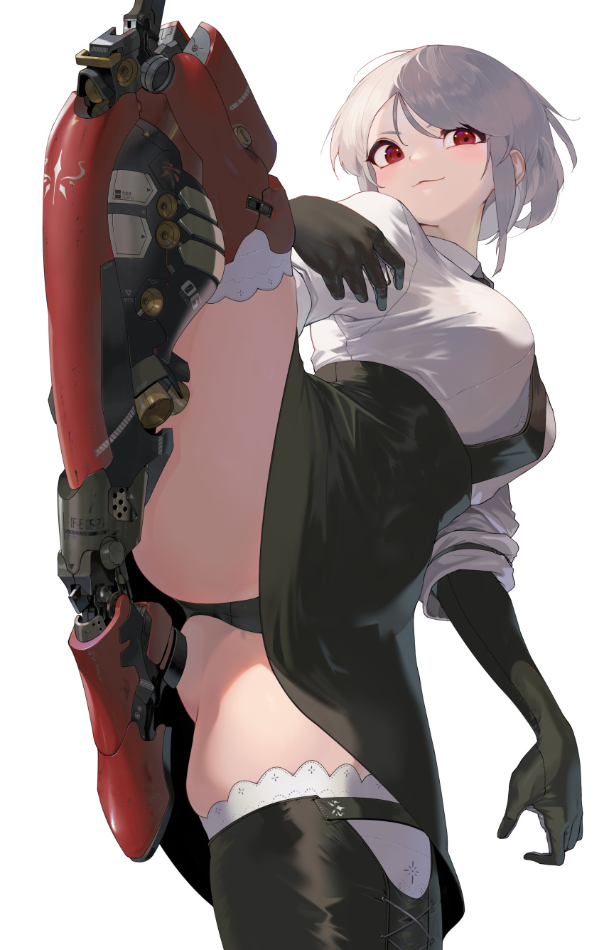 1girl absurdres ass black_gloves black_panties black_skirt black_thighhighs breasts cameltoe closed_mouth commentary_request elbow_gloves gloves grey_shirt highres leg_up mechanical_legs medium_breasts original panties prosthesis prosthetic_leg red_eyes shirt short_hair simple_background single_mechanical_leg single_thighhigh skirt smile solo standing standing_on_one_leg thighhighs underwear white_background white_shirt yunimaru