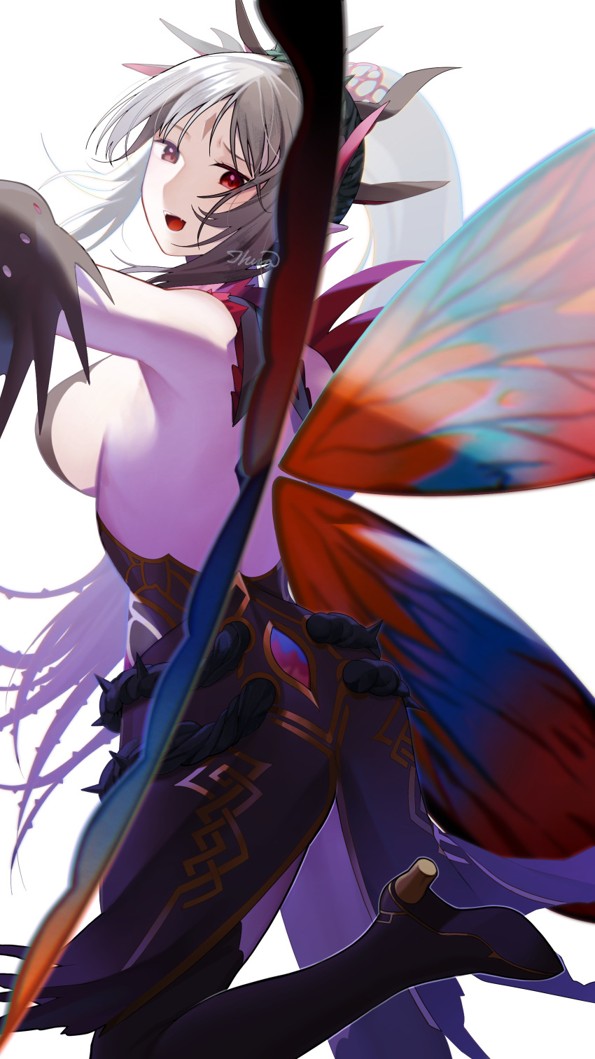 1girl absurdres backless_outfit bare_back bare_shoulders breasts facial_mark fairy_wings fire_emblem fire_emblem_heroes flower forehead_mark grey_hair hair_ornament high_heels highres ikura_(downdexp) large_breasts long_hair looking_at_viewer looking_back plant plumeria_(fire_emblem) pointy_ears ponytail red_eyes sideboob signature simple_background smile solo thighs thorns vines white_background wings