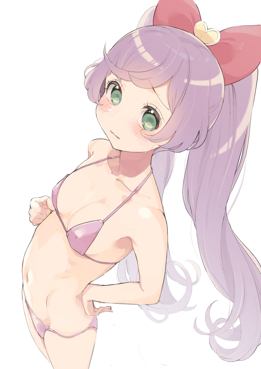 1girl absurdres bikini blush bow breasts commentary cowboy_shot from_above green_eyes hair_bow hand_on_own_hip highres hyakumangoku_masurao long_hair looking_at_viewer manaka_laala navel pretty_series pripara purple_bikini purple_hair red_bow simple_background small_breasts solo stomach sweat swimsuit twintails very_long_hair white_background