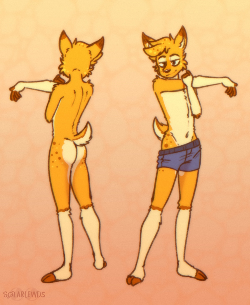 anthro autumn_(zoophobia) bedroom_eyes biped butt clothed clothing cloven_hooves deer digital_media_(artwork) fur hair half-closed_eyes hi_res hooved_plantigrade hooves looking_at_viewer male male_anthro mammal multicolored_body multicolored_fur narrowed_eyes nude orange_body orange_fur plantigrade seductive simple_background smile solarlewds solo stretching tail teasing two_tone_body two_tone_fur underwear zoophobia